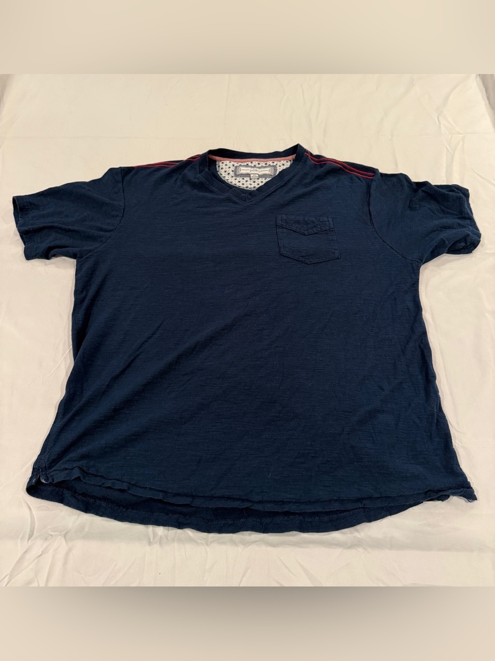 PD&C Men's XL Blue Slub Knit V-Neck Pocket T-Shirt Red Stitching 100% Cotton